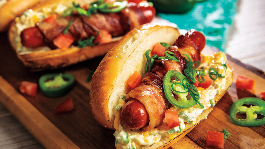 Grilled Jalapeño Popper Bacon-Wrapped Hot Dogs