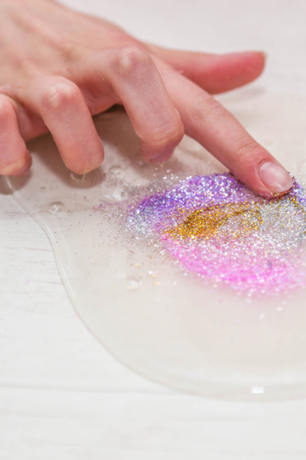 Glitter slime on a white counter