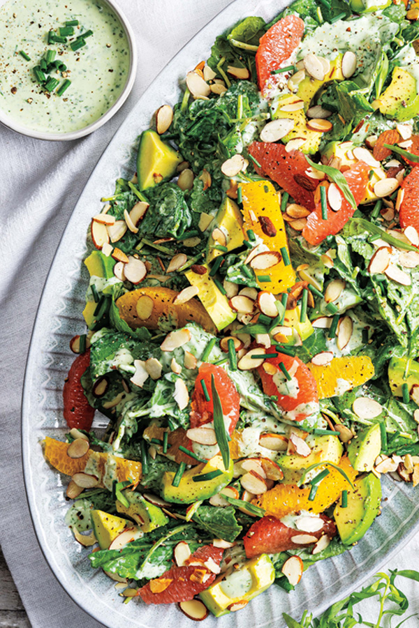 Citrus & Kale salad with homemade green goddess dressing